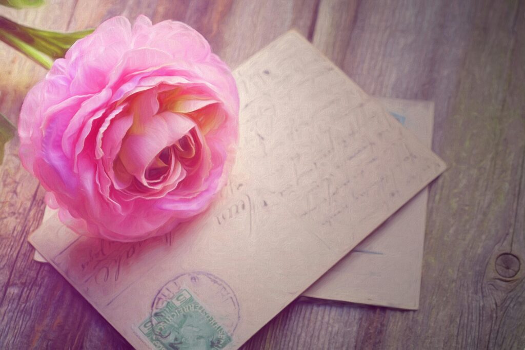 Elegant pink rose with postcards on rustic wooden surface, exuding romance.